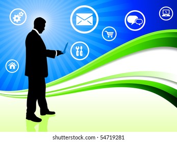 Businessman on Abstract Wave Background with Internet Icons Original Illustration