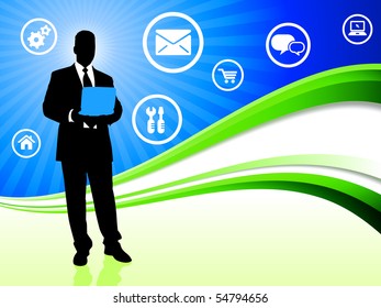 Businessman on Abstract Wave Background with Internet Icons Original Illustration