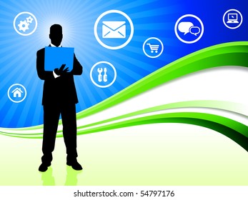 Businessman on Abstract Wave Background with Internet Icons Original Illustration