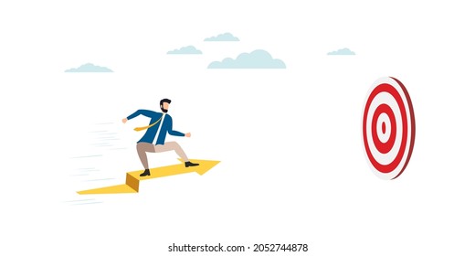 The businessman on the arrow flies forward. striving to the top. The team provides support, grows together. Vector illustration for teamwork, collaboration concept.