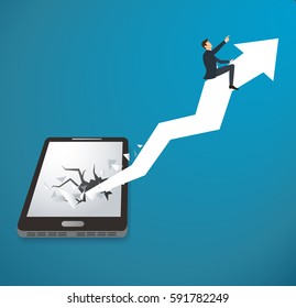 Businessman on arrow icon breaking through smartphone vector background. Business concept illustration