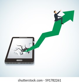 Businessman on arrow icon breaking through smartphone vector background. Business concept illustration