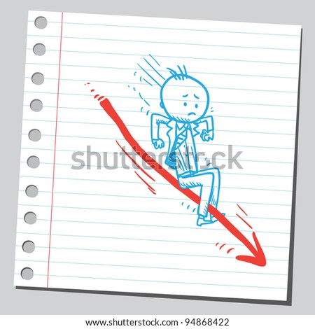 Businessman on arrow slipping down
