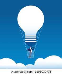 Businessman on balloon. Man with spyglass in air balloon like bulb. Business opportunity, new idea and strategy vision vector concept. Man with telescope in balloon illustration