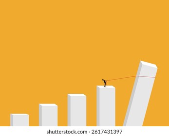 Businessman on bar chart helps to save crisis