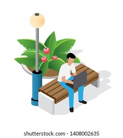 Businessman on a bench in the park on vacation with laptops. Entertainment activities 3d concept and support isolated clipart