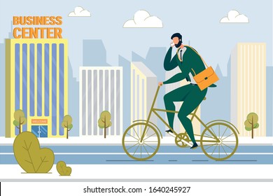 Businessman on Bicycle Flat Vector Illustration. Company Worker, Man in Suit Riding Bike Cartoon Character. Office Employee Driving to Work. Modern Business Lifestyle. Eco Friendly City Transport