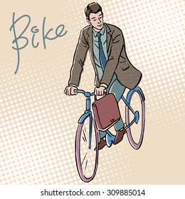 Businessman on Bicycle retro style pop art. White adult male goes to work
