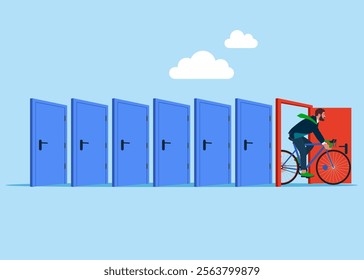 Businessman on a bicycle works six days in week, a workaholic without holidays. For entrance, home, exit, challenge, opportunity concept. Modern vector illustration in flat style