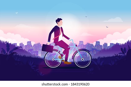Businessman on bike with briefcase and cityscape in background. Male person cycling with cityscape in background early morning at sunrise. Vector illustration.