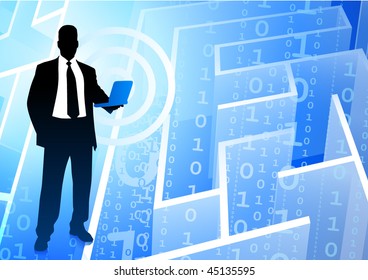 Businessman on Binary Code maze Background Original Vector Illustration