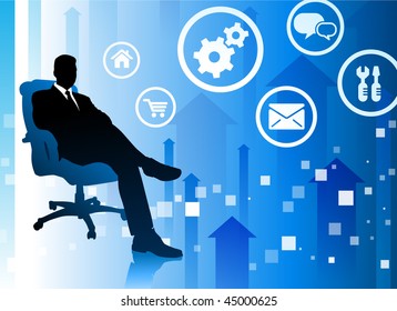 Businessman on Blue Arrow Background Original Vector Illustration