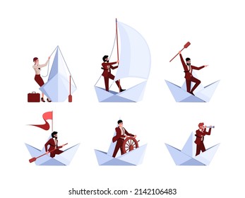 Businessman on boat. Office leader managers bosses moving on paper ship travelling characters teamwork navigation concept garish vector concept illustrations