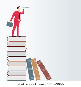 Businessman on books, looks through a telescope. Vector business concept illustration.