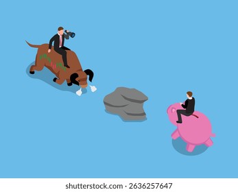 businessman on a bullish market animal observes a rock, while another rides a bearish piggy bank, symbolizing navigating risks and contrasting market sentiments isometric 3d vector illustration