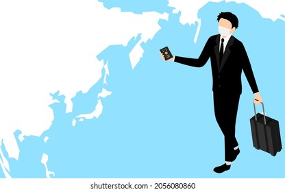 Businessman on a business trip abroad, isometric, pulling a suitcase with his passport - Translation: Japanese passport