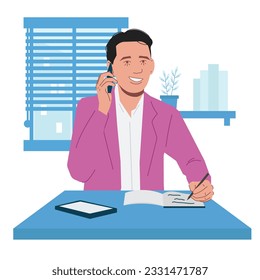 businessman on call writing notes in flat illustration