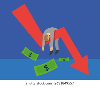 Geschäftsmann auf Chart Red Arrow geht nach unten. Finanzkrise. Illustration Vektor Cartoon.
