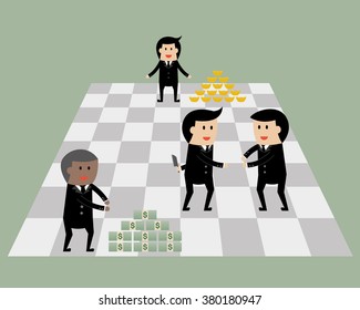 Businessman on chess game with money and gold. Business game concept.