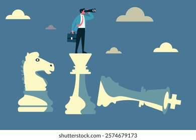 A businessman on a chess piece uses a telescope to anticipate future market trends and plan for long-term success.
