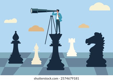 A businessman on a chess piece uses a telescope to anticipate future challenges and develop winning strategies.
