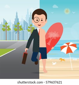 Businessman on city view and on the beach with surfboard which background is separated into two parts, conceptual of office life and escape from routine work for vacation, cartoon vector illustration.