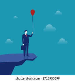 Businessman on a cliff above an abyss holding a balloon. Hope, new opportunity, business success, hoping to pass the gap and challenge concept. EPS 10 vector illustration, flat lay minimalistic style