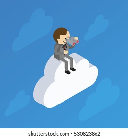 Businessman on cloud exploring 