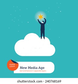 Businessman on a cloud getting a star. Vector illustration Eps10 file. Global colors. Text and Texture in separate layers.
