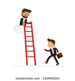 businessman on cloud helps another friend by holding ladder