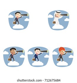 businessman on clouds looking through monocular different race set