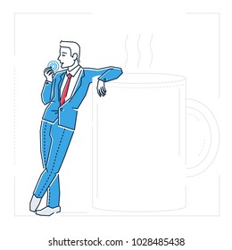 Businessman on a coffee break - line design style isolated illustration on white background. Metaphorical image of a man eating a donut, resting on a big cup, enjoying himself