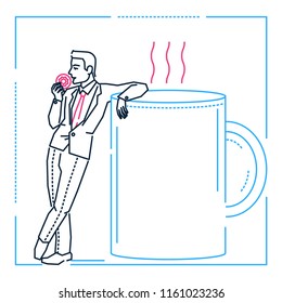 Businessman on a coffee break - line design style illustration on white background. Metaphorical linear image of a man eating a donut, resting on a big cup, enjoying himself. Lunch time concept