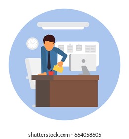Businessman on coffee break. Man standing at desk making coffee. Business office workplace vector illustration.