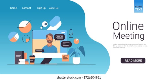 businessman on computer monitor screen webinar video call online meeting coronavirus quarantine concept horizontal portrait copy space vector illustration