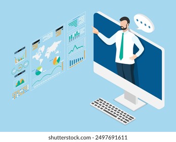 Businessman on computer screen presenting a webinar, seminar and data analysis meeting. Financial expert discussion. Isometric vector illustration eps10