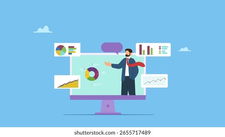 Hombre de negocios en la pantalla del ordenador que presenta datos. Webinar de presentación en línea, conferencia o seminario en línea, consulta o análisis de datos, reunión, discusión de negocios, experiencia financiera.
