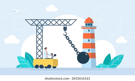 Empresário em um guindaste destrói um farol com uma bola de destruição. Destruição de pontos de referência. Avião danificado, colapso da casa de luz. Edifício quebrado da torre náutica. Ilustração vetorial