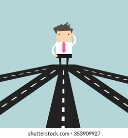 Businessman on crossroad choosing future direction to success or business strategy