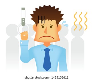 Businessman on a crowded commuter train. Flat vector illustration (Young asian businessman)