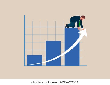 Empresário no diagrama e ajuda a levantar a seta para cima. Inclinando-se no crescente gráfico de crescimento dos lucros. Crescimento dos lucros de investimento, consultor financeiro. Ganhe dinheiro para enriquecer ou aumentar o salário ou a renda.