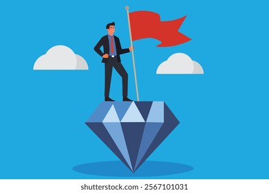 Businessman on a diamond with a winning flag, representing a company's unique value and customer benefits.