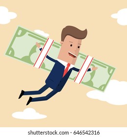 Businessman on the dollar-wings. Financial independence. Business concept "money is freedom". Vector illustration