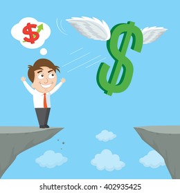 Businessman on edge of cliff and throw up winged money symbol, vector illustration