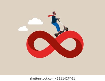 Businessman on electric scooter riding traveling on never ending infinity loop. Business cycle, infinity routine job or career path, competition to success, impossible illusion. Vector illustration