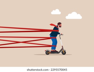 Businessman on a electric scooter tied up with red tape trying to run away with full effort. Struggle with career obstacle, overcome to success. Vector illustration 