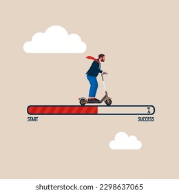 Businessman on a electric scooter Traveling to from the start to success.  Challenge your progress and win the race. Flat vector illustration.