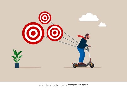 Businessman on a electric scooter traveling Tries to pull many target. Planning and successful. Flat vector illustration