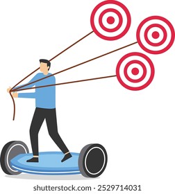 Businessman on a electric scooter traveling Tries to pull many target. Planning and successful. Flat vector illustration

