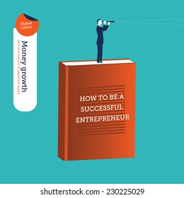 Businessman on a entrepreneur book with a spyglass. Vector illustration Eps10 file. Global colors. Text and Texture in separate layers.